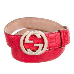 Gucci Red Embossed Leather Belt with Gold Buckle